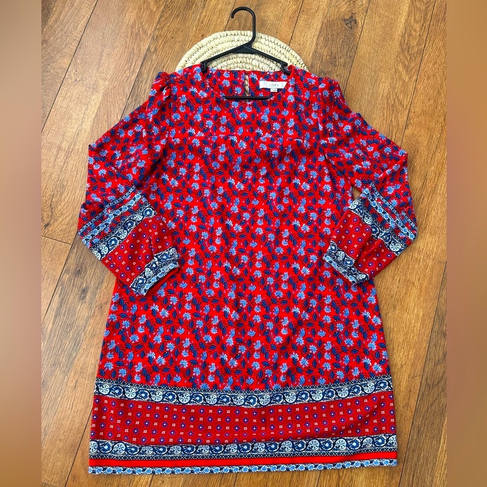 LOFT Red, White, & Blue Border Floral Dress